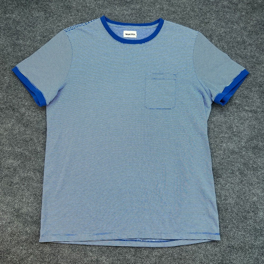 Taylor Stitch Heavy T Shirt Striped Mens 44 Blue White Pocket Tee